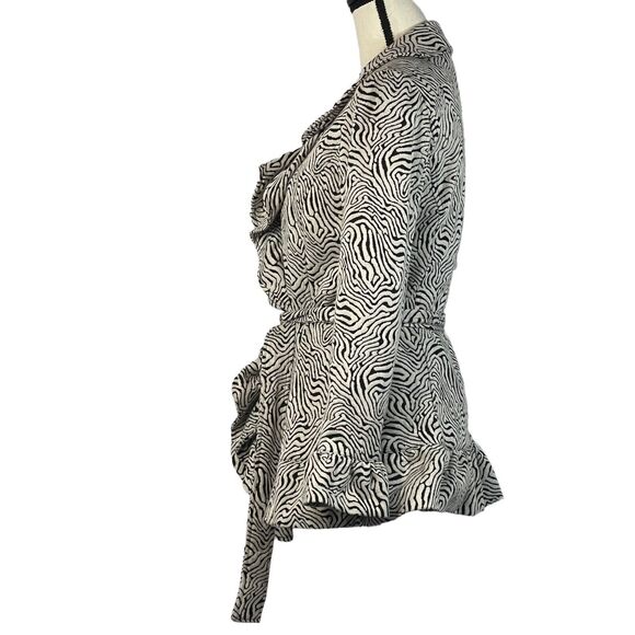 Sandro Studio Small Jacket Snaps Abstract Belted Long Sleeve Lined Ruffled - Picture 4 of 7